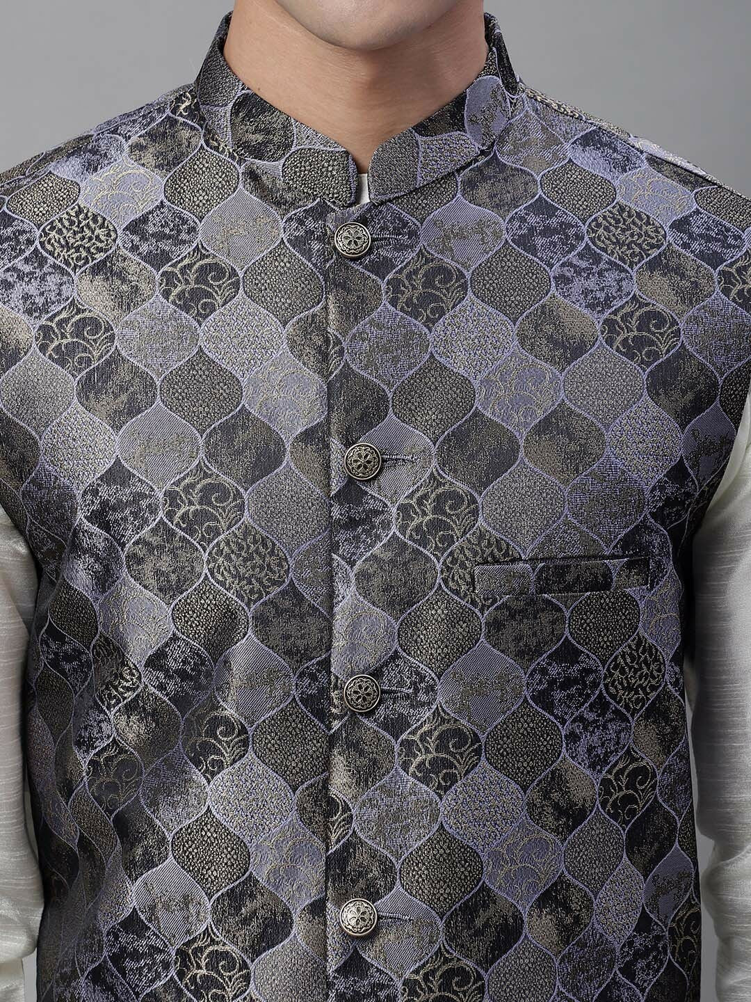 Men's Grey Woven Design Nehru Jacket