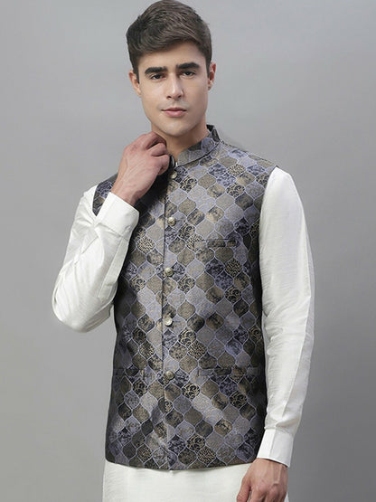 Men's Grey Woven Design Nehru Jacket