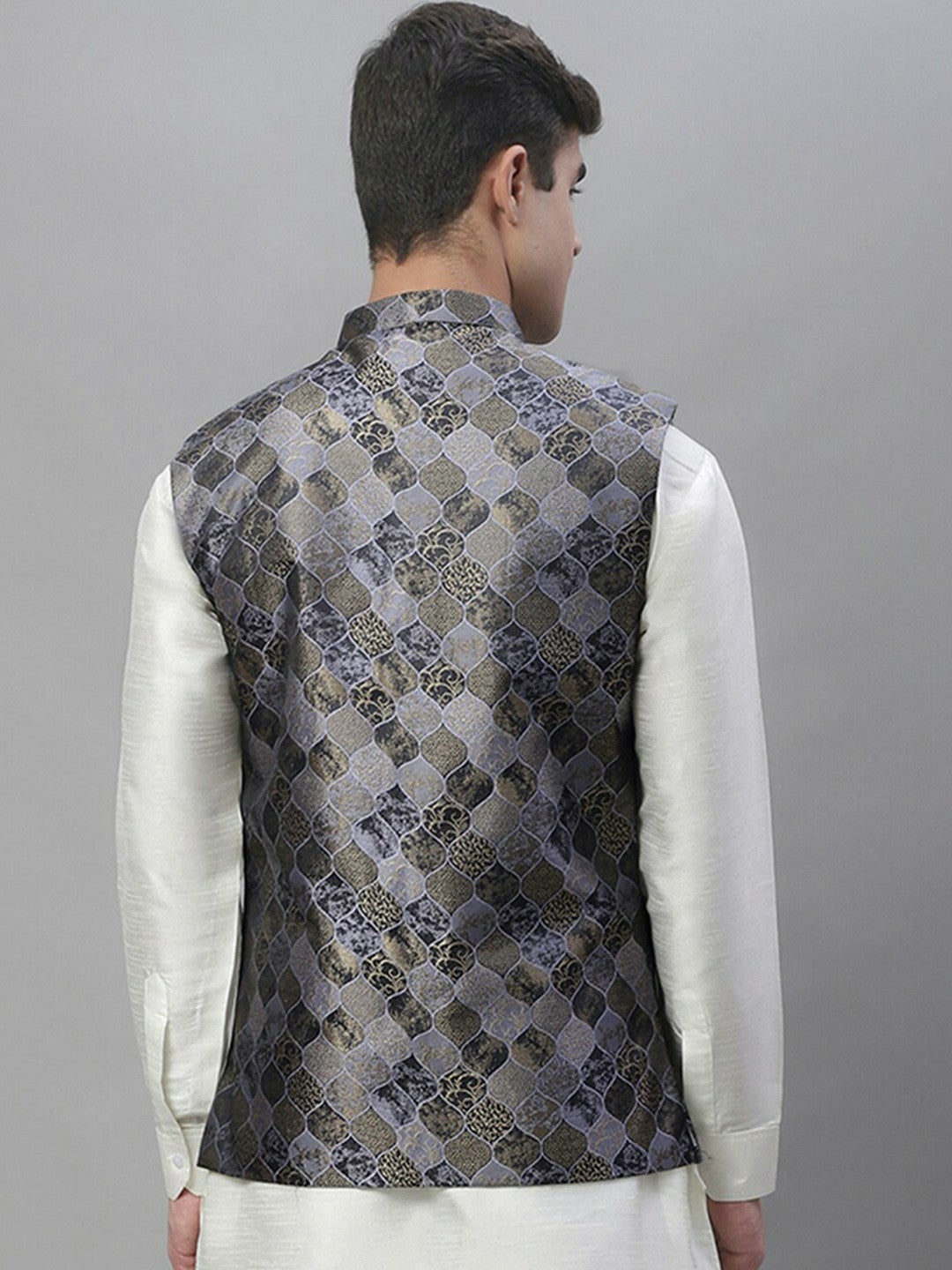 Men's Grey Woven Design Nehru Jacket