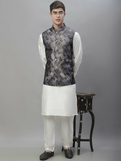 Men's Grey Woven Design Nehru Jacket