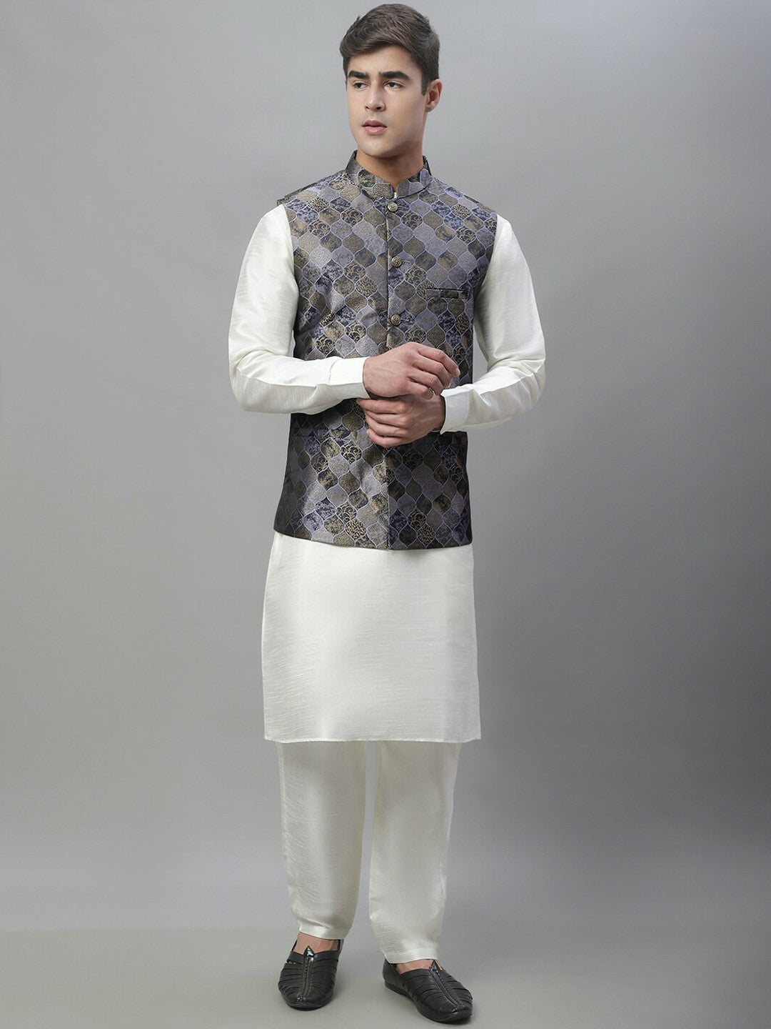 Men's Grey Woven Design Nehru Jacket