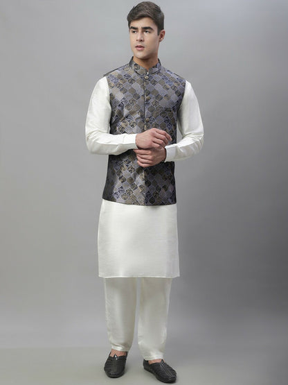 Men's Grey Woven Design Nehru Jacket