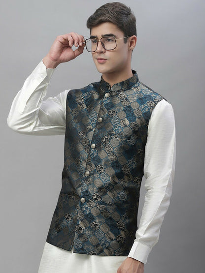 Men's Teal Blue & Grey Woven Design Nehru Jacket