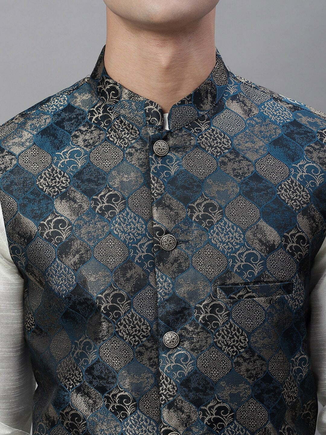 Men's Teal Blue & Grey Woven Design Nehru Jacket