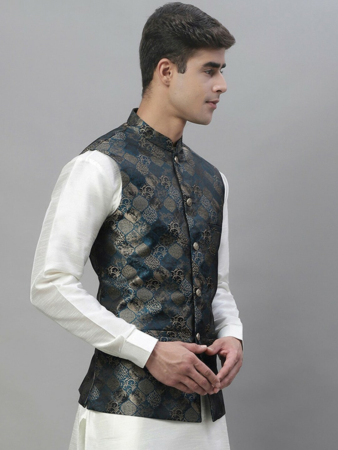 Men's Teal Blue & Grey Woven Design Nehru Jacket