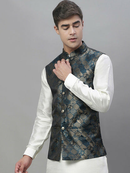 Men's Teal Blue & Grey Woven Design Nehru Jacket
