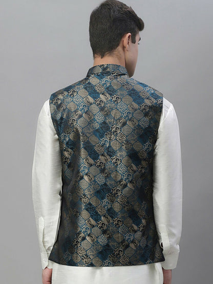 Men's Teal Blue & Grey Woven Design Nehru Jacket