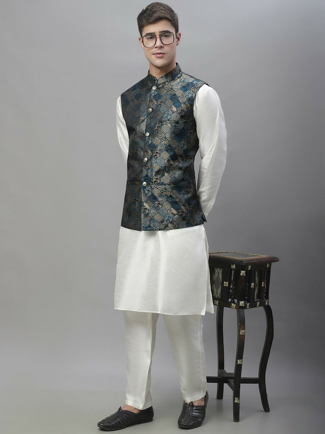 Men's Teal Blue & Grey Woven Design Nehru Jacket