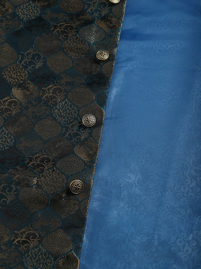 Men's Teal Blue & Grey Woven Design Nehru Jacket