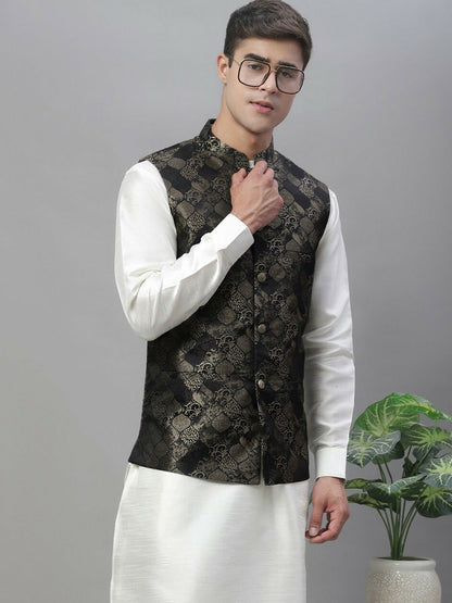 Men's Black Woven Design Nehru Jacket