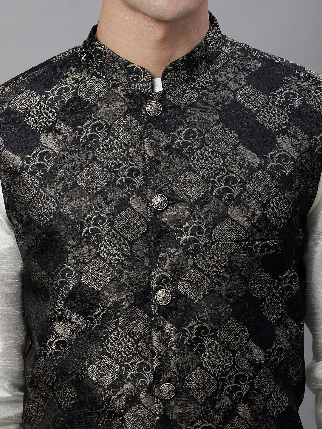 Men's Black Woven Design Nehru Jacket