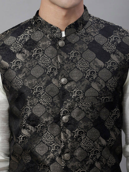 Men's Black Woven Design Nehru Jacket