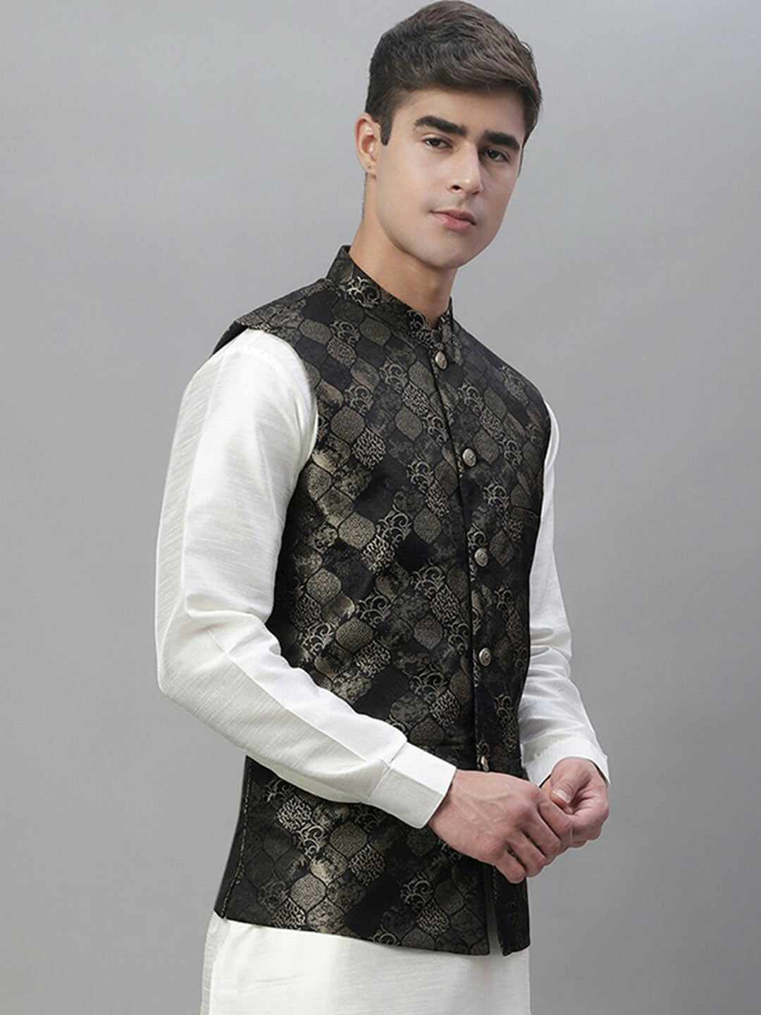 Men's Black Woven Design Nehru Jacket