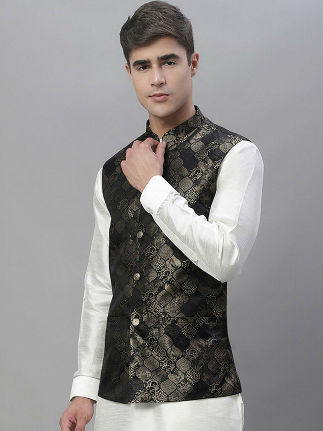 Men's Black Woven Design Nehru Jacket