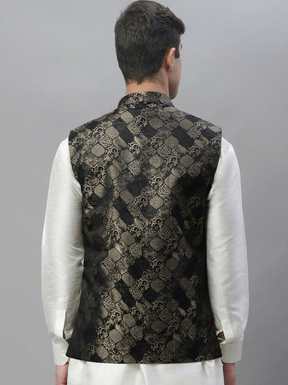 Men's Black Woven Design Nehru Jacket