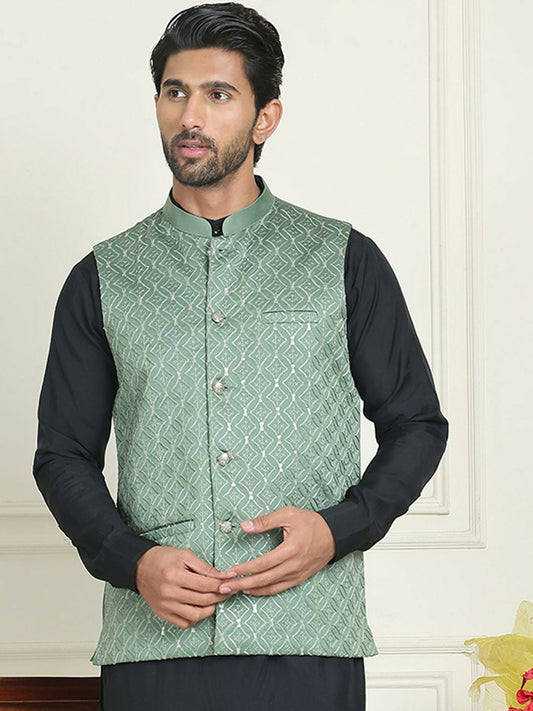Men's Green Embroidered Silk Blend Nehru Jacket with Mandarin Collar