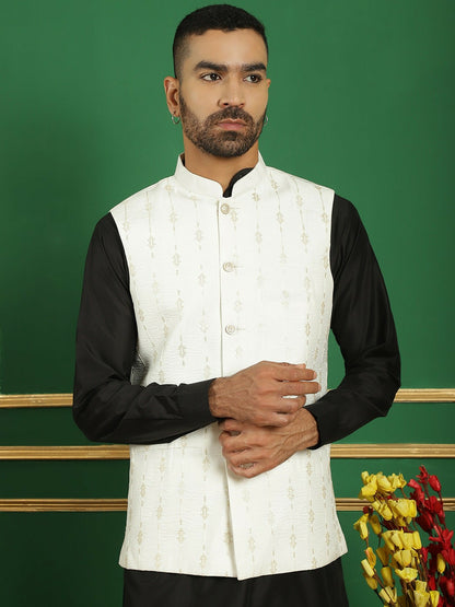 Men's White Embroidered Nehru Jacket