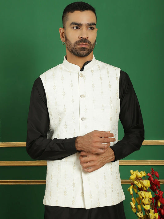 Men's White Embroidered Nehru Jacket