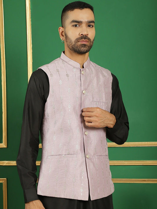 Men's Purple Embroidered Nehru Jacket with Sequins