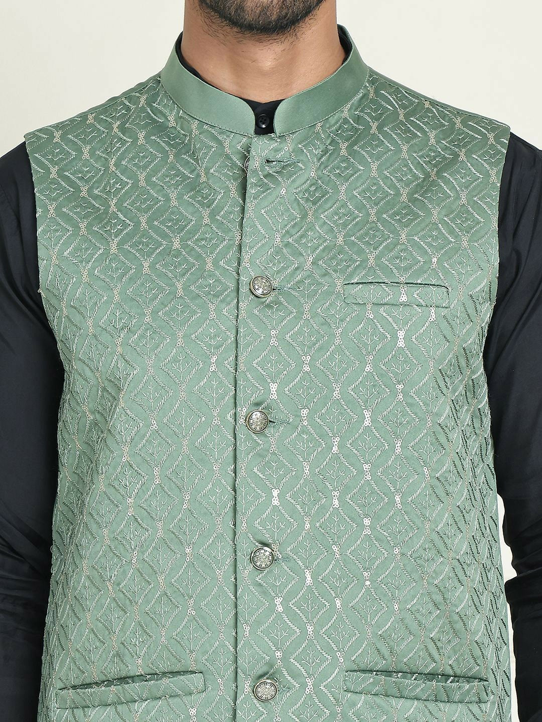 Men's Green Embroidered Silk Blend Nehru Jacket with Mandarin Collar