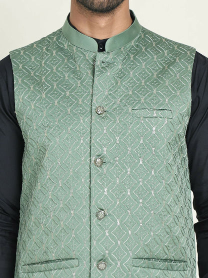Men's Green Embroidered Silk Blend Nehru Jacket with Mandarin Collar