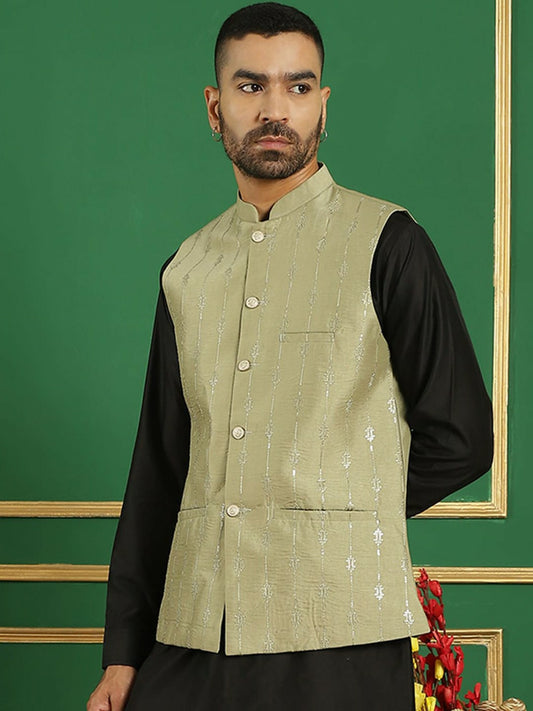 Men's Green Embroidered Nehru Jacket with Sequin Accents