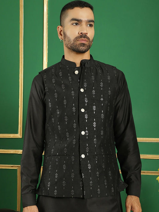 Men's Black Sequin Embroidered Nehru Jacket