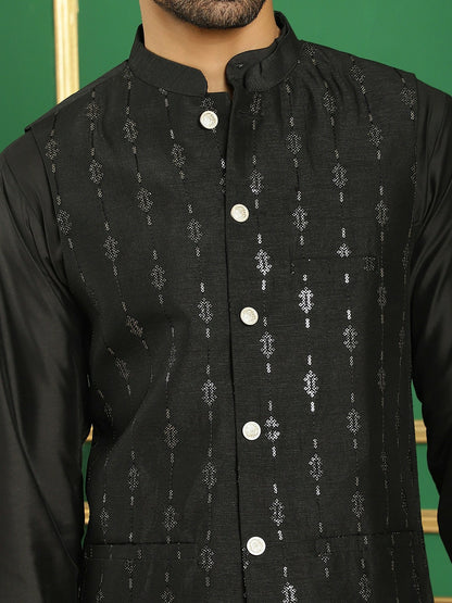 Men's Black Sequin Embroidered Nehru Jacket