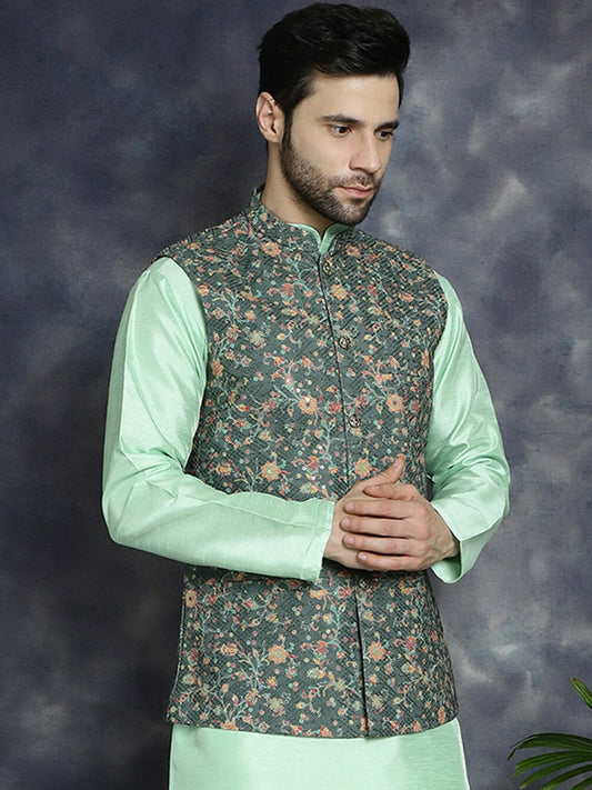 Men's Olive Floral Embellished Nehru Jacket