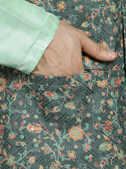 Men's Olive Floral Embellished Nehru Jacket