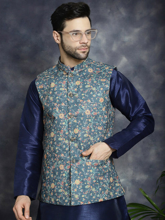 Men's Blue Floral Printed Nehru Jacket