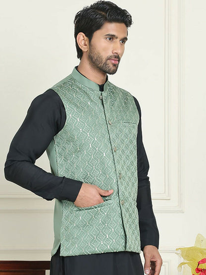 Men's Green Embroidered Silk Blend Nehru Jacket with Mandarin Collar