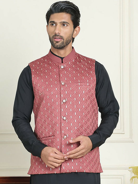 Men's Peach Embroidered Nehru Jacket in Silk Blend with Mandarin Collar