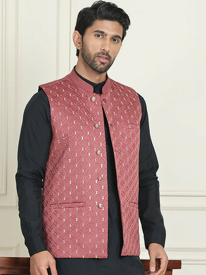 Men's Peach Embroidered Nehru Jacket in Silk Blend with Mandarin Collar