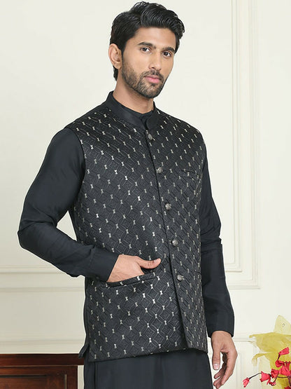 Men's Black & White Embroidered Nehru Jacket with Silk Blend Finish