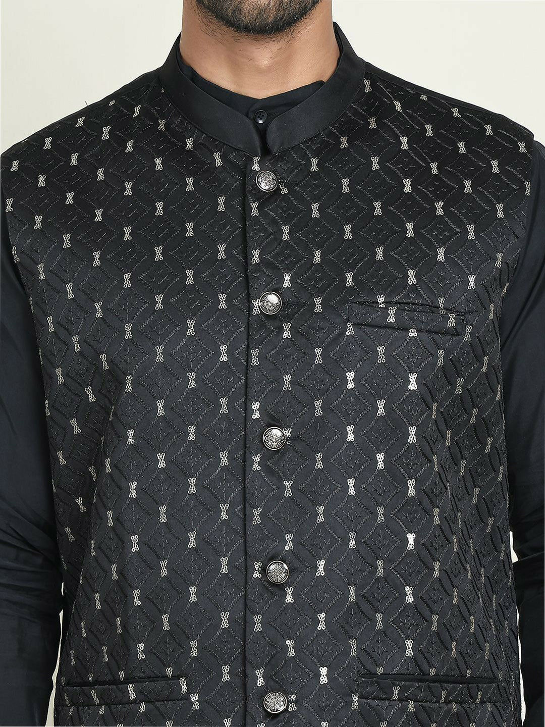 Men's Black & White Embroidered Nehru Jacket with Silk Blend Finish