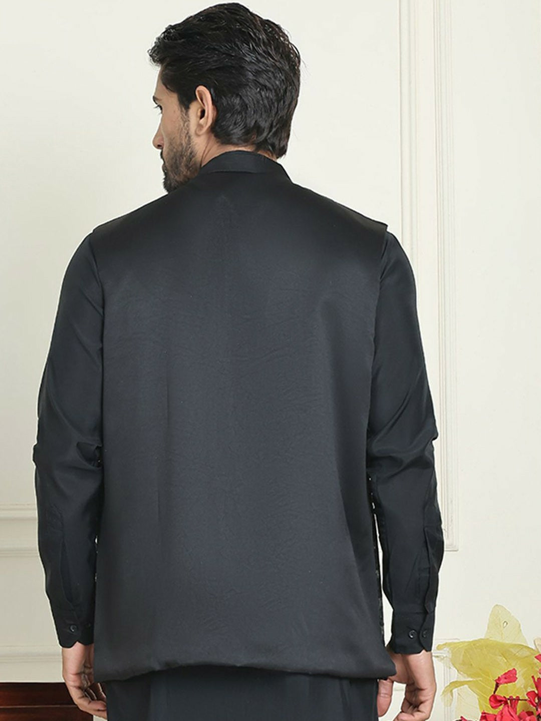 Men's Black & White Embroidered Nehru Jacket with Silk Blend Finish