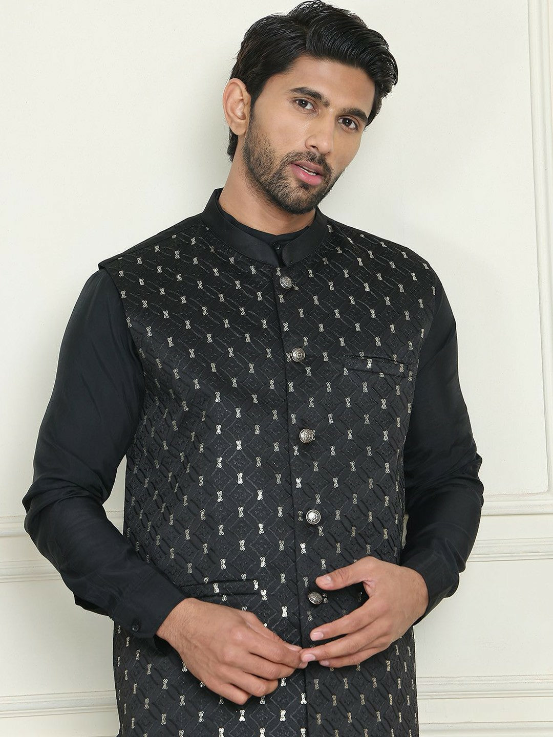 Men's Black & White Embroidered Nehru Jacket with Silk Blend Finish