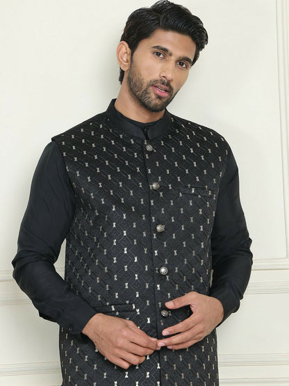 Men's Black & White Embroidered Nehru Jacket with Silk Blend Finish