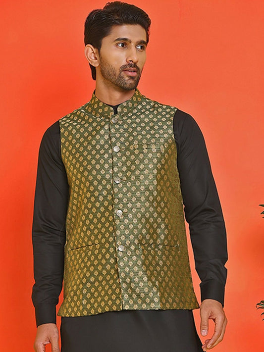 Men's Olive Green Printed Nehru Jacket in Silk Blend with Mandarin Collar
