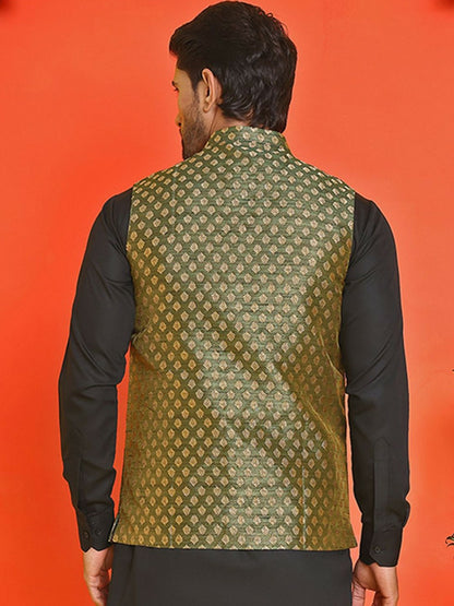 Men's Olive Green Printed Nehru Jacket in Silk Blend with Mandarin Collar