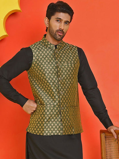 Men's Olive Green Printed Nehru Jacket in Silk Blend with Mandarin Collar