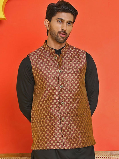 Men's Maroon Printed Silk Blend Nehru Jacket with Mandarin Collar