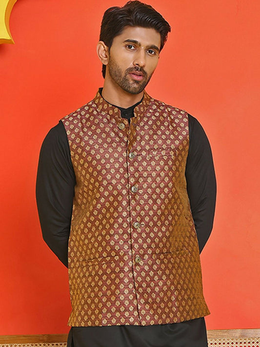 Men's Maroon Printed Silk Blend Nehru Jacket with Mandarin Collar