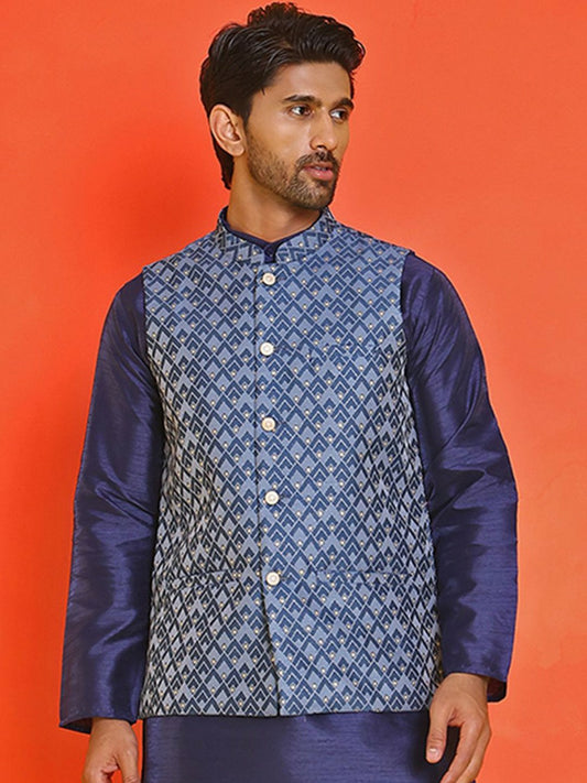 Men's Blue Printed Kurta with Churidar & Nehru Jacket – Silk Blend Set