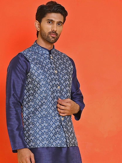 Men's Blue Printed Kurta with Churidar & Nehru Jacket – Silk Blend Set