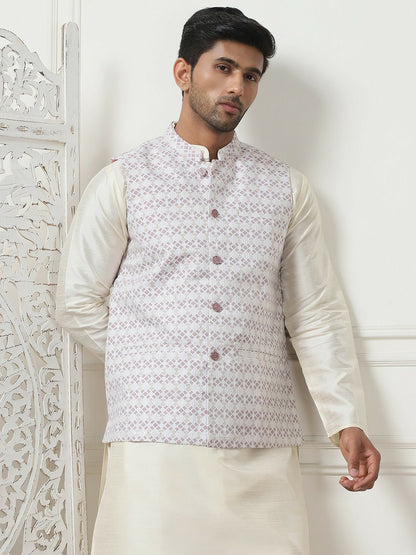 Men's Purple Printed Nehru Jacket with Mandarin Collar & 3 Pockets