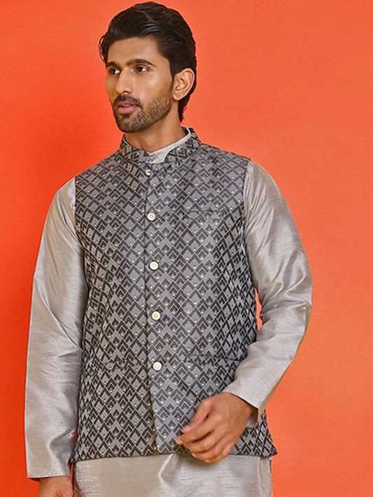 Men's Grey Printed Nehru Jacket in Silk Blend with Mandarin Collar