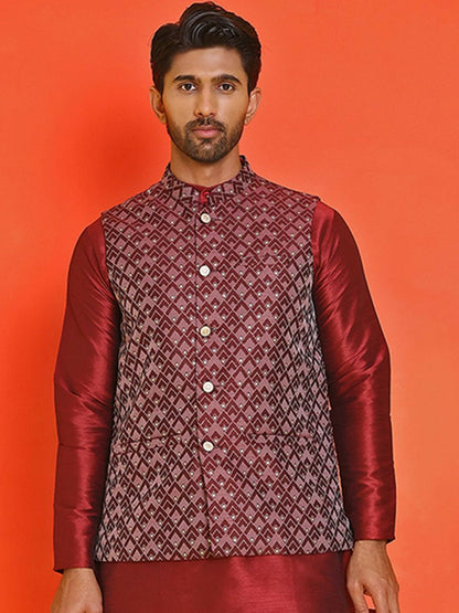 Men's Maroon Printed Nehru Jacket in Silk Blend with Mandarin Collar