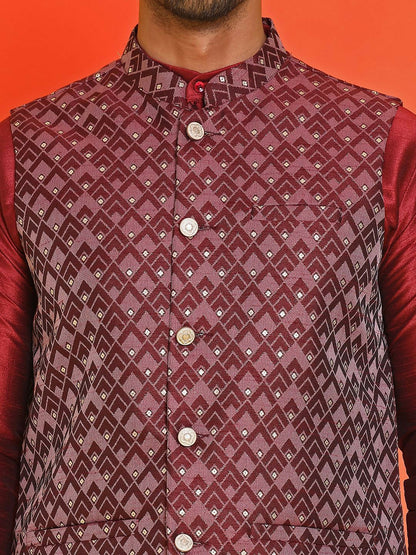 Men's Maroon Printed Nehru Jacket in Silk Blend with Mandarin Collar